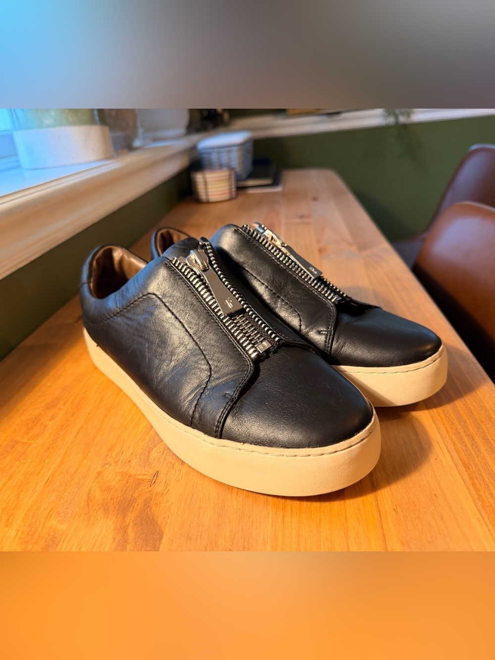 Frye Black Leather Zip-Front Sneakers with Cream Sole